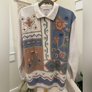 Alfred Dunner XL Collared Embroidered Patchwork Floral Sweater